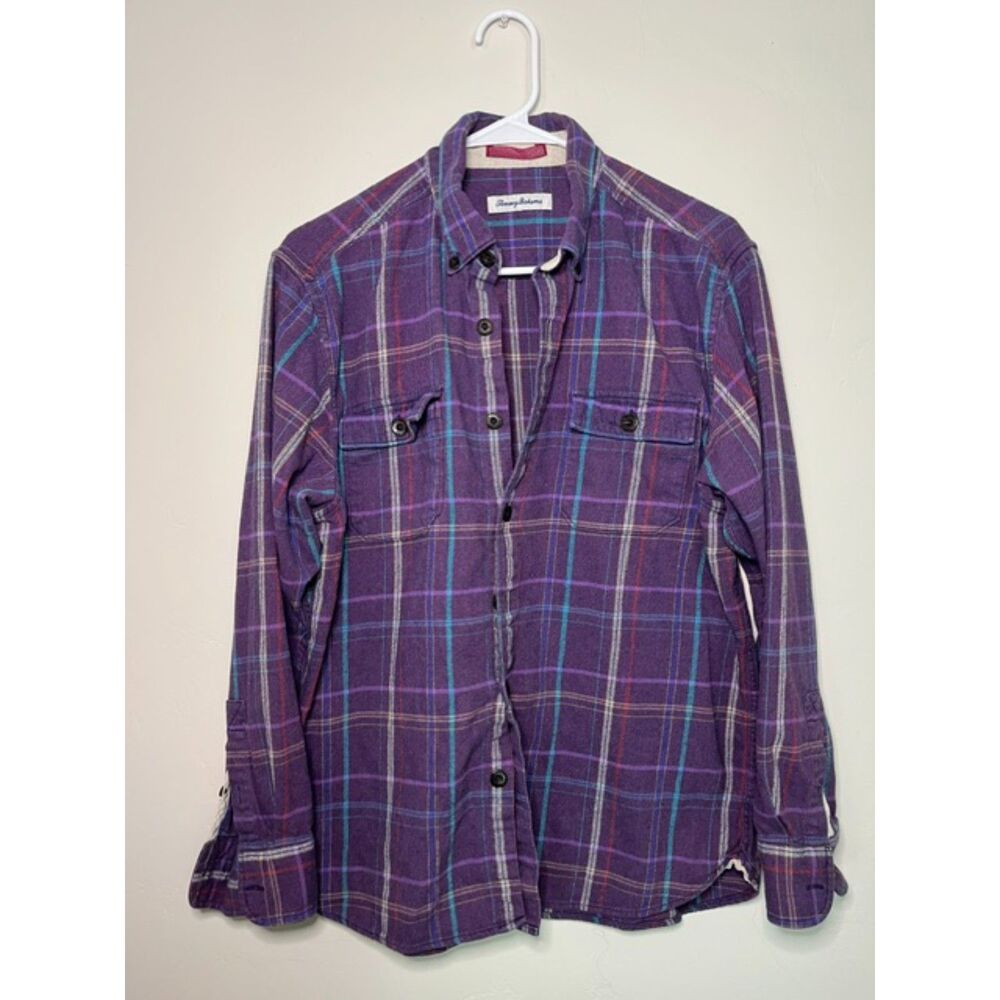 Tommy Bahama Plaid Shirt Purple 100% Cotton Size Medium
